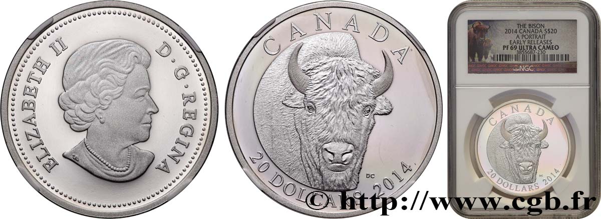CANADA 20 Dollars Proof Portrait du Bison 2014 Ottawa MS69 NGC