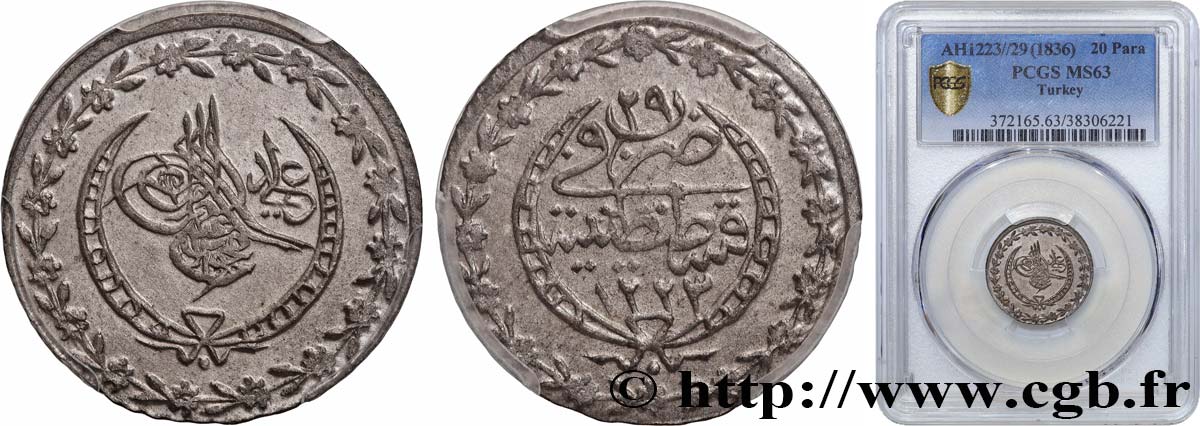 TURQUIE 20 Para au nom de Mahmud II AH1223 / an 29 1836 Constantinople SPL63 PCGS