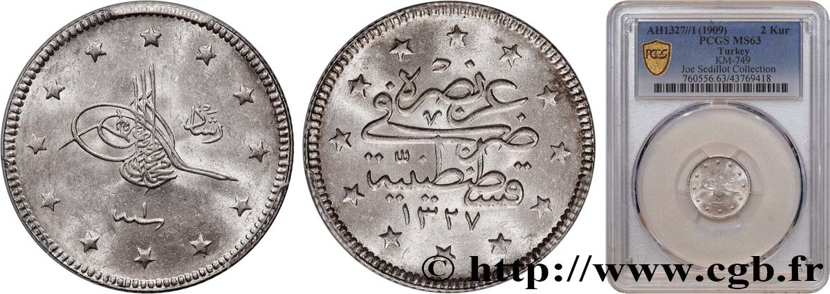 TURKEY 2 Kurush Muhammad V AH1327 / 1 1909 Constantinople MS63 PCGS