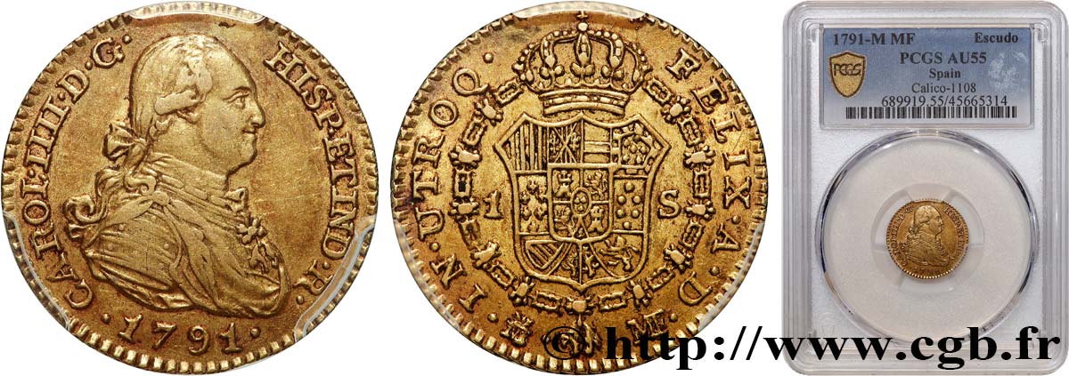 ESPAÑA - REINO DE ESPAÑA - CARLOS IV 1 Escudo  1791 Madrid EBC55 PCGS