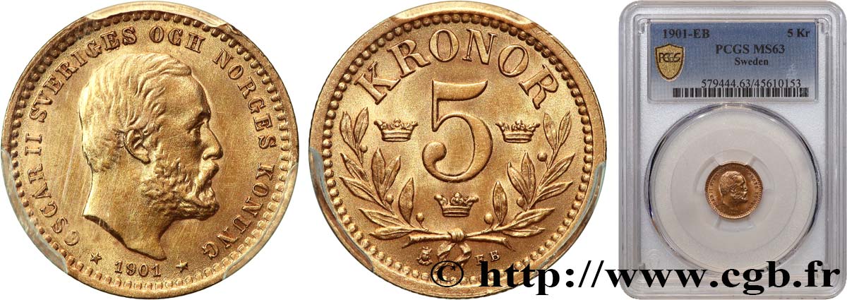 SWEDEN - KINGDOM OF SWEDEN - OSCAR II 5 Kronor  1901  MS63 PCGS
