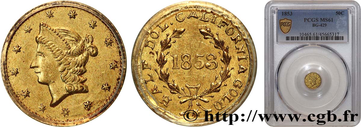 ÉTATS-UNIS D AMÉRIQUE 1/2 Dollar Or  Liberty head  California 1853 Philadelphie SUP61 