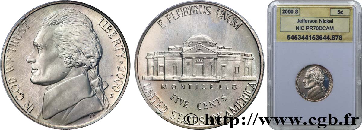 UNITED STATES OF AMERICA 5 Cents Proof président Thomas Jefferson 2000 San Francisco - S MS70 autre