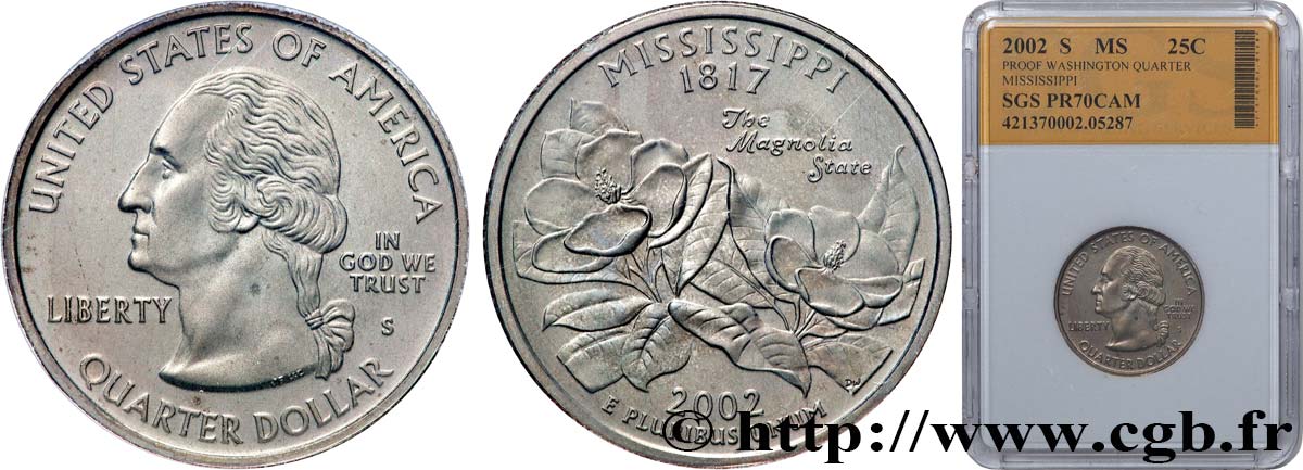 STATI UNITI D AMERICA 1/4 Dollar Mississippi The ‘magnolia state’ - Silver Proof 2002 San Francisco FDC70 autre