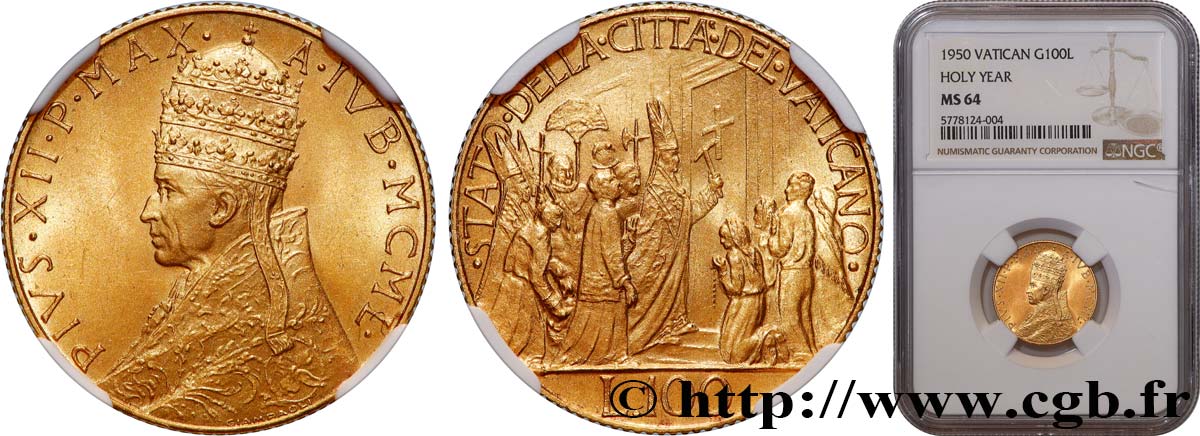 VATICAN - PIE XII (Eugenio Pacelli) 100 Lire Année jubiliaire 1950 Rome MS64 NGC