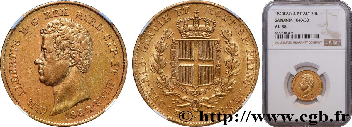 ITALY - KINGDOM OF SARDINIA - CHARLES-ALBERT 20 Lire  1840/30 Turin AU58 NGC