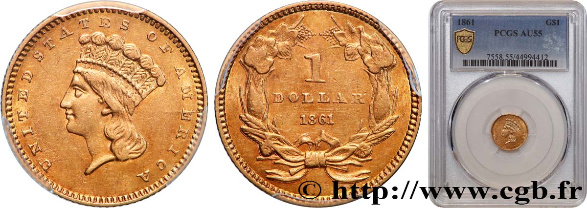 ESTADOS UNIDOS DE AMÉRICA 1 Dollar”Indian Princess”, tête large 1861 Philadelphie EBC55 PCGS