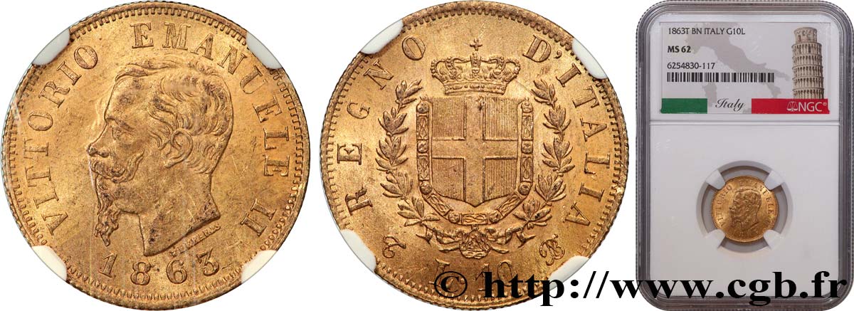 ITALY - KINGDOM OF ITALY - VICTOR-EMMANUEL II 10 Lire 1863 Turin MS62 NGC