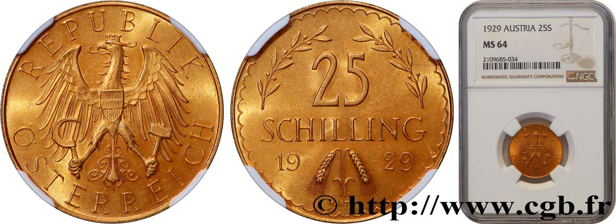 AUSTRIA 25 Schilling aigle héraldique 1929 Vienne MS64 NGC