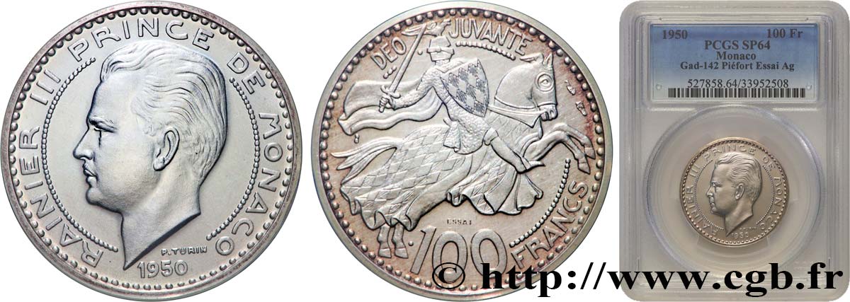 MÓNACO - PRINCIPADO DE MÓNACO - RANIERO III Essai - Piéfort Argent de 100 Francs  1950 Paris SC64 PCGS