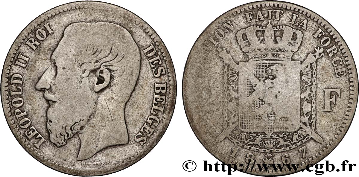 BELGIQUE 2 Francs Léopold II légende française 1867  TB 