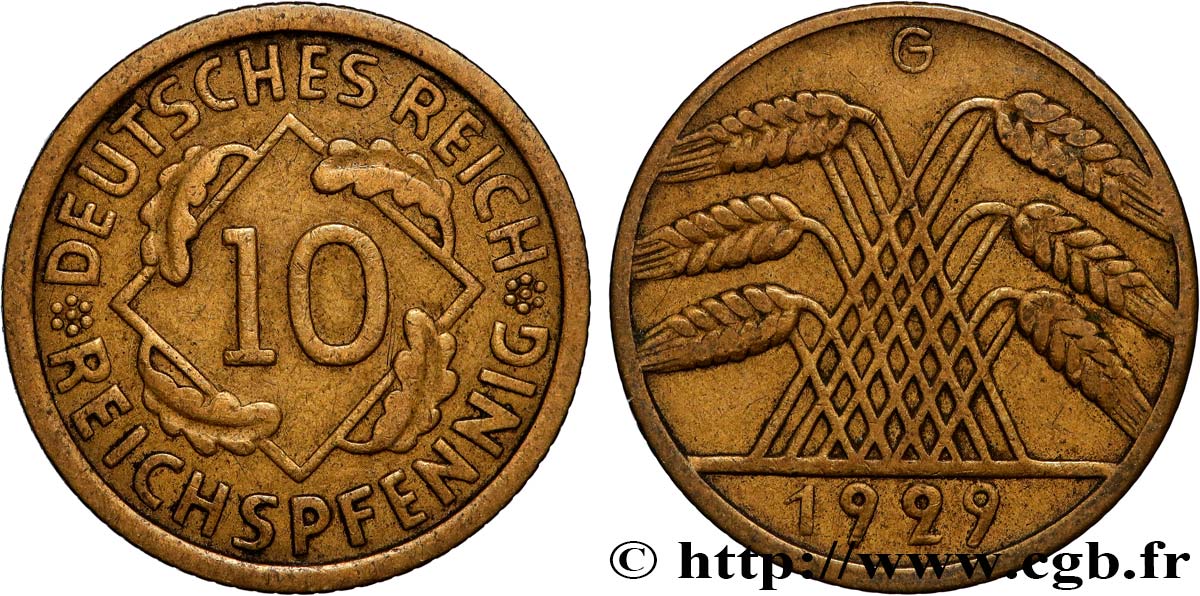 ALEMANIA 10 Reichspfennig gerbe de blé 1929 Karlsruhe - G MBC 