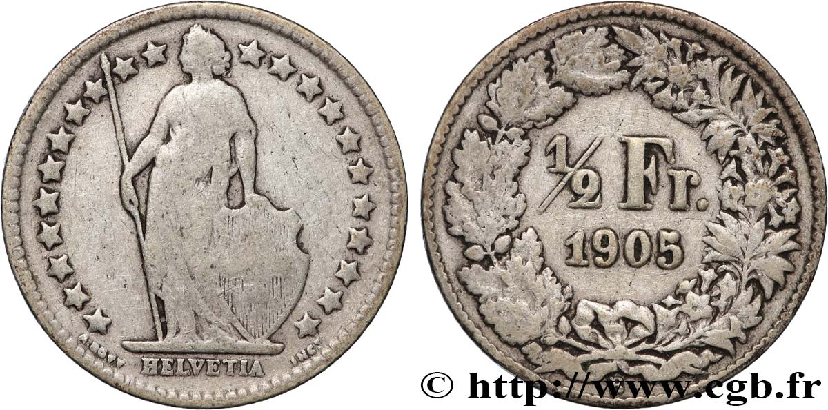 SWITZERLAND 1/2 Franc Helvetia 1905 Berne VF 