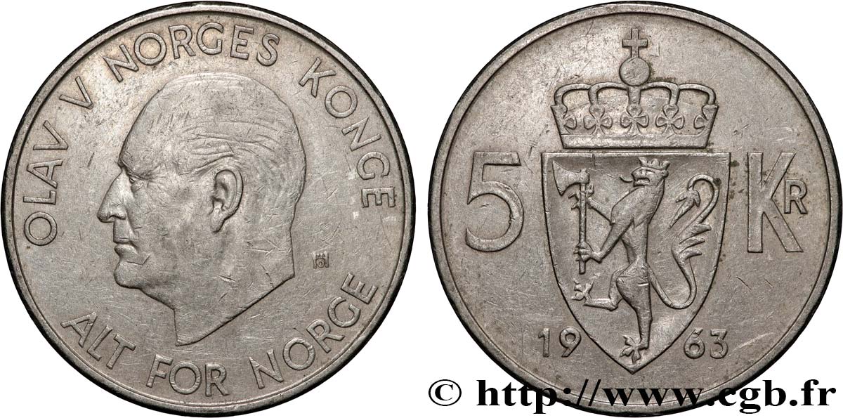 NORVEGIA 5 Kroner roi Olaf V 1963 Konsberg q.SPL 