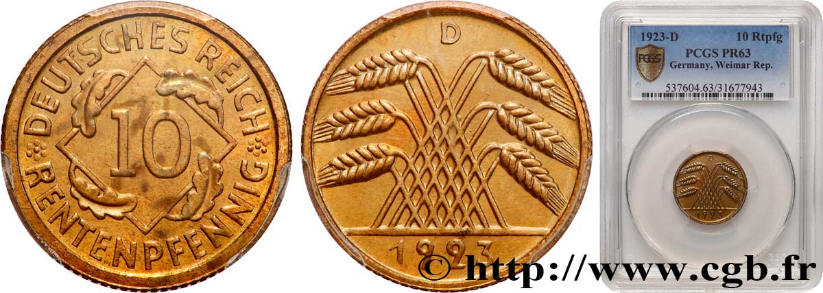 GERMANIA 10 Rentenpfennig gerbe de blé 1923 Munich - D MS63 PCGS