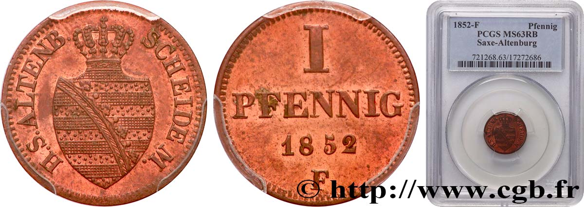 ALEMANIA - SAJONIA-ALTENBURGO 1 Pfennig Friedrich August II 1852 Dresde SC63 PCGS