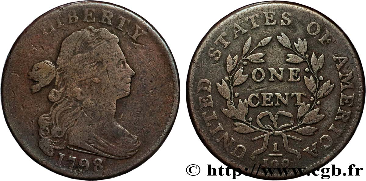 ÉTATS-UNIS D AMÉRIQUE 1 Cent type au buste drapé  - 2nd type 1798  TB PCGS