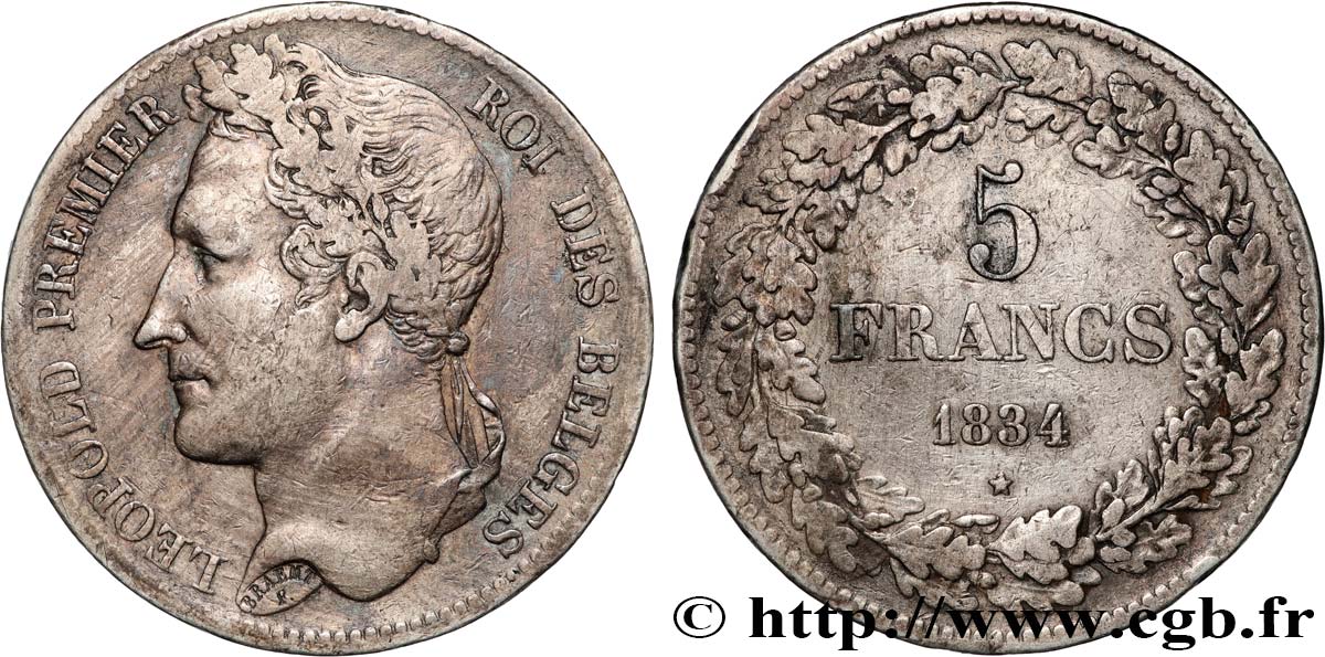 BELGIQUE - ROYAUME DE BELGIQUE - LÉOPOLD Ier 5 Francs Léopold Ier, tête laurée 1834 Bruxelles BC+ 