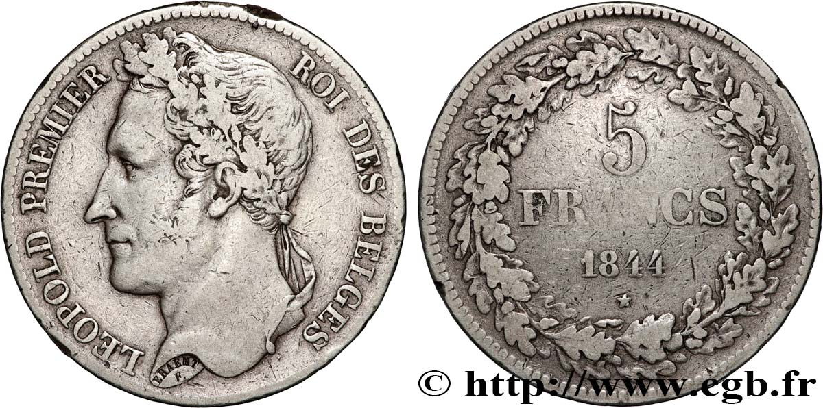 BELGIUM - KINGDOM OF BELGIUM - LEOPOLD I 5 Francs  1844  XF 