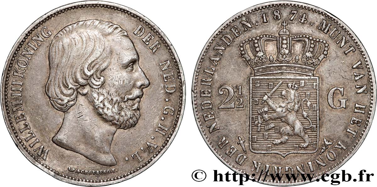 NETHERLANDS - KINGDOM OF THE NETHERLANDS - WILLIAM III 2 1/2 Gulden  1874 Utrecht AU 