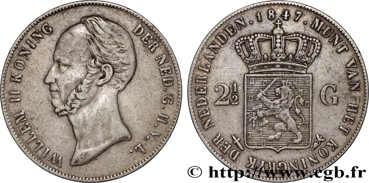 NETHERLANDS – KINGDOM OF NETHERLANDS - GUILLAUME II 2 1/2 Gulden  1847 Utrecht XF 