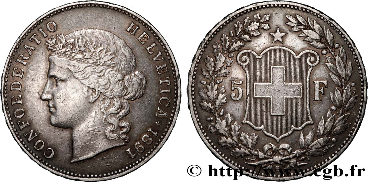 SWITZERLAND 5 Francs Helvetia 1891 Berne XF 