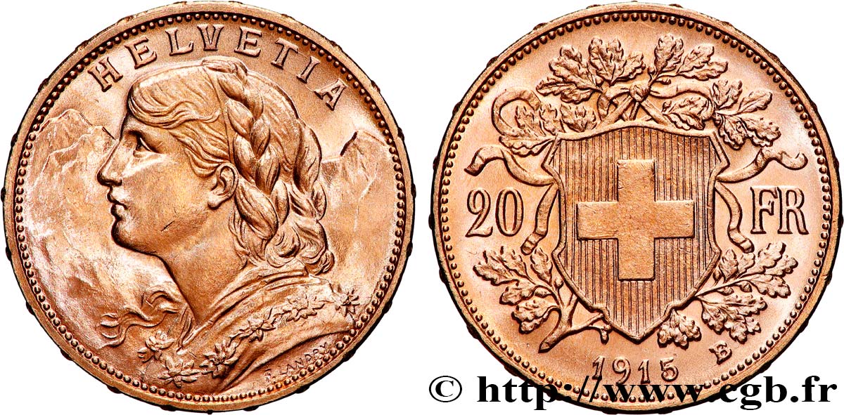 INVESTMENT GOLD 20 Francs  Vreneli   1915 Berne MS 