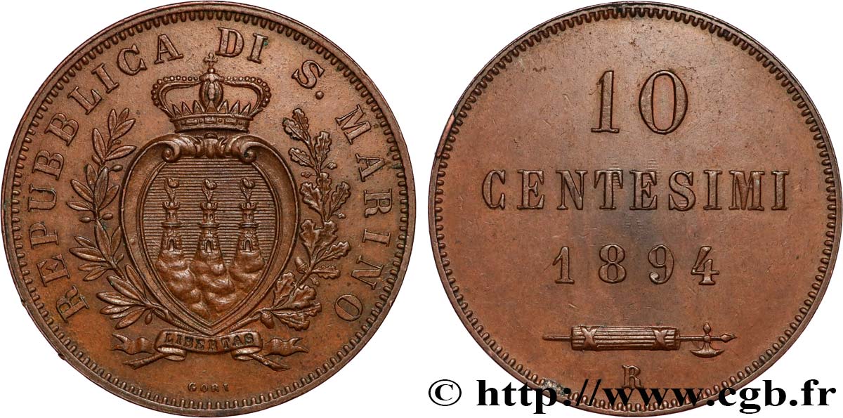 SAN MARINO 10 Centesimi écu aux trois tours 1894 Rome EBC 