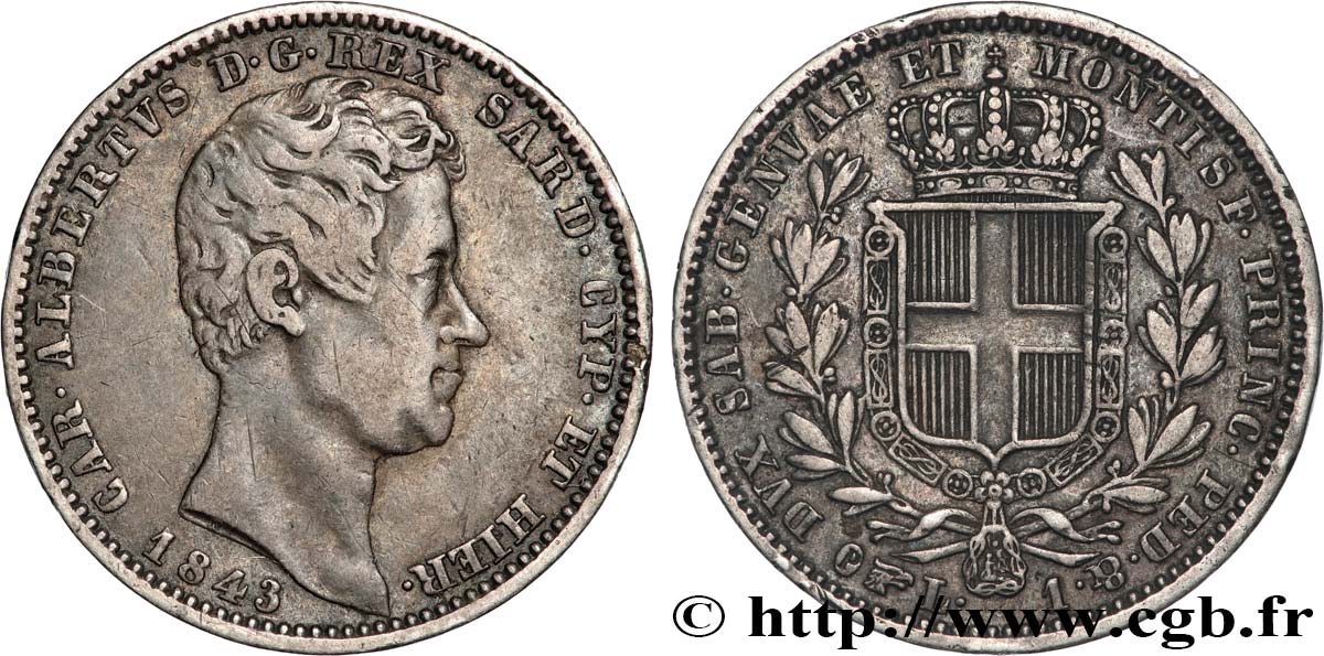 ITALY - KINGDOM OF SARDINIA - CHARLES-ALBERT 1 Lire  1843 Turin XF 