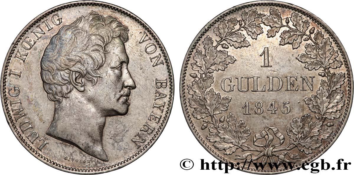 ALLEMAGNE - ROYAUME DE BAVIÈRE - LOUIS Ier 1 Gulden  1845 Munich XF 