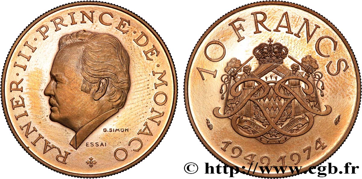 MONACO Essai de 10 Francs Rainier III 25e anniversaire de règne 1974 Paris MS 