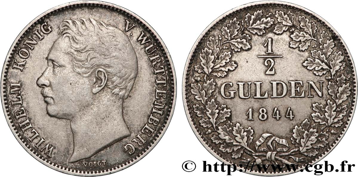 GERMANY - KINGDOM OF WÜRTTEMBERG - WILLIAM I 1/2 Gulden  1844  XF 