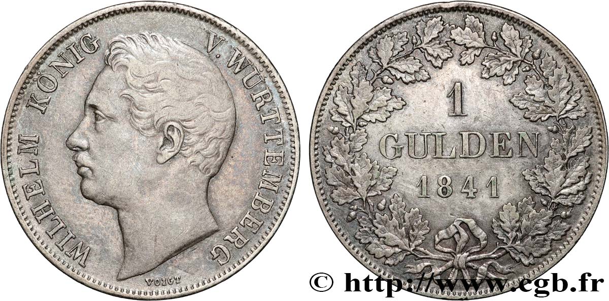GERMANY - KINGDOM OF WÜRTTEMBERG - WILLIAM I 1 Gulden  1841 Stuttgart XF 