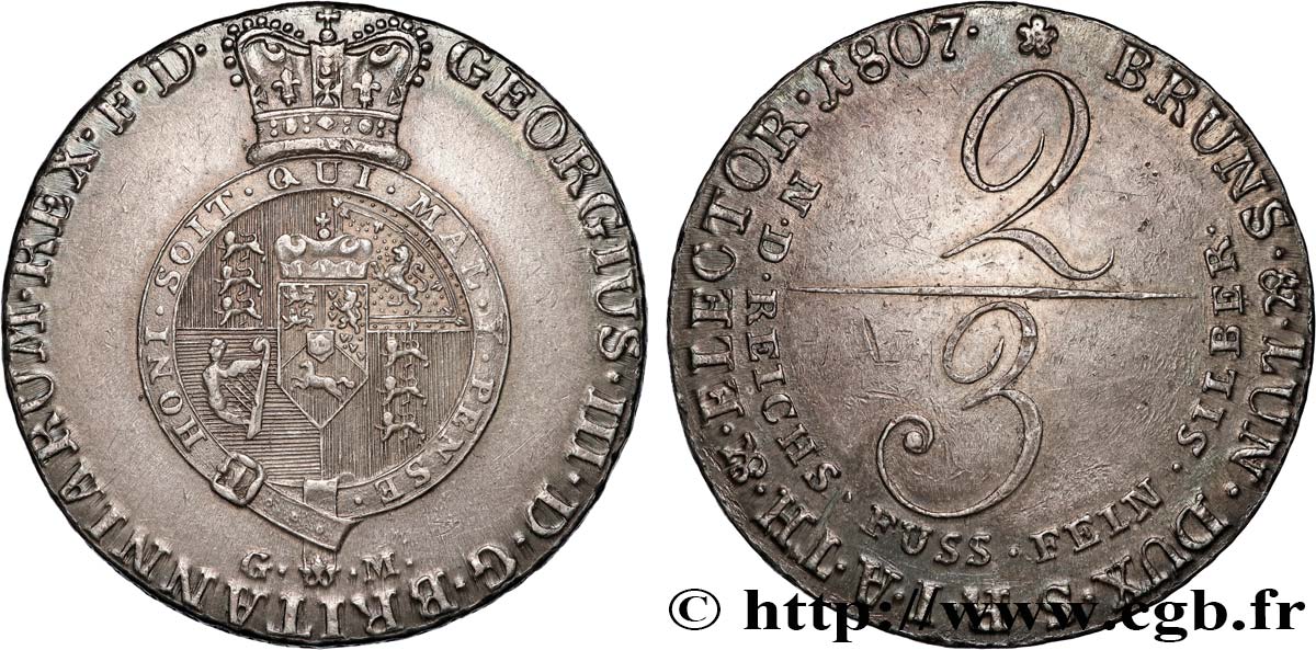 GERMANY - KINGDOM OF HANOVER - GEORGE III OF THE UNITED KINGDOM 2/3 Thaler  1807 Hanovre AU 