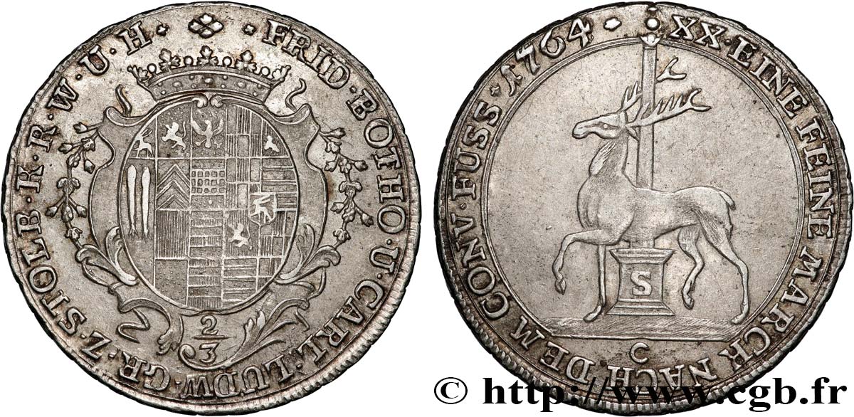 ALLEMAGNE - STOLBERG 2/3 Thaler Frédéric-Botho et Charles-Louis 1764  TTB+ 