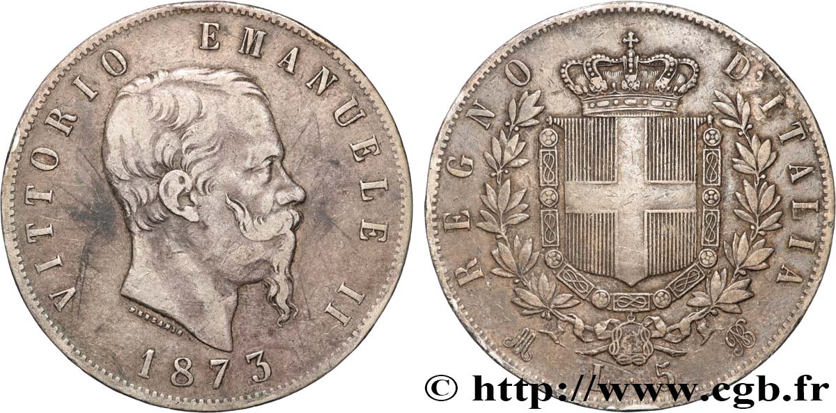 ITALIE 5 Lire Victor Emmanuel II 1873  TTB 