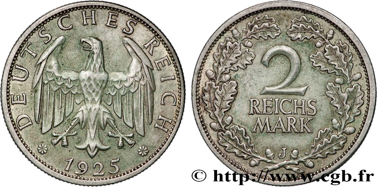 GERMANY 2 Reichsmark 1925 Hambourg XF 