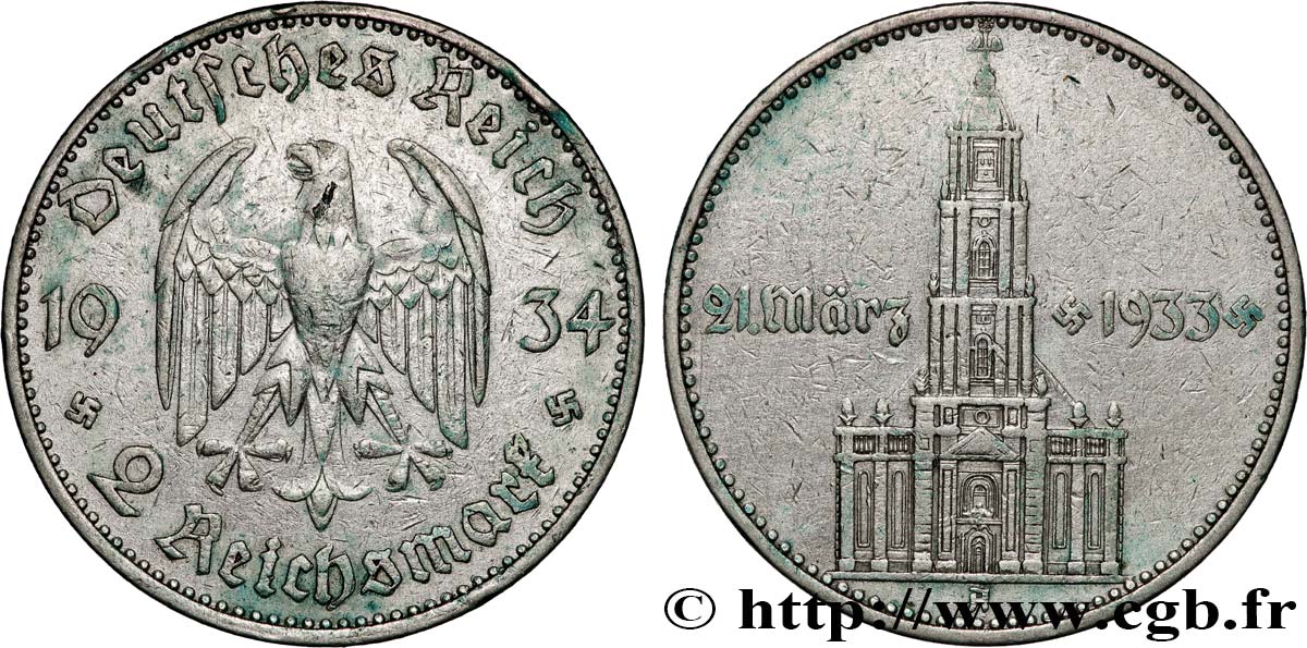 DEUTSCHLAND 2 Reichsmark Commémoration du serment du 21 mars 1933 en l’église de la garnison de Potsdam 1934 Berlin SS 