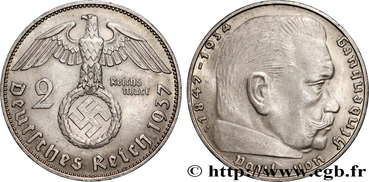 ALLEMAGNE 2 Reichsmark Maréchal Paul von Hindenburg 1937 Hambourg  SUP 