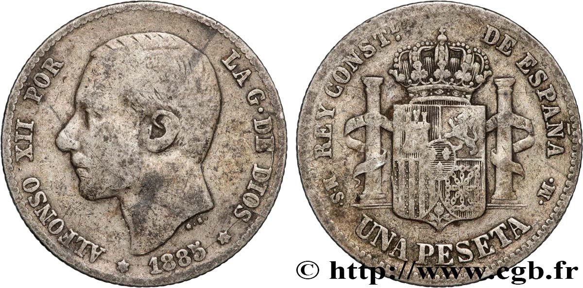ESPAGNE 1 Peseta Alphonse XII 1885 Madrid TB 
