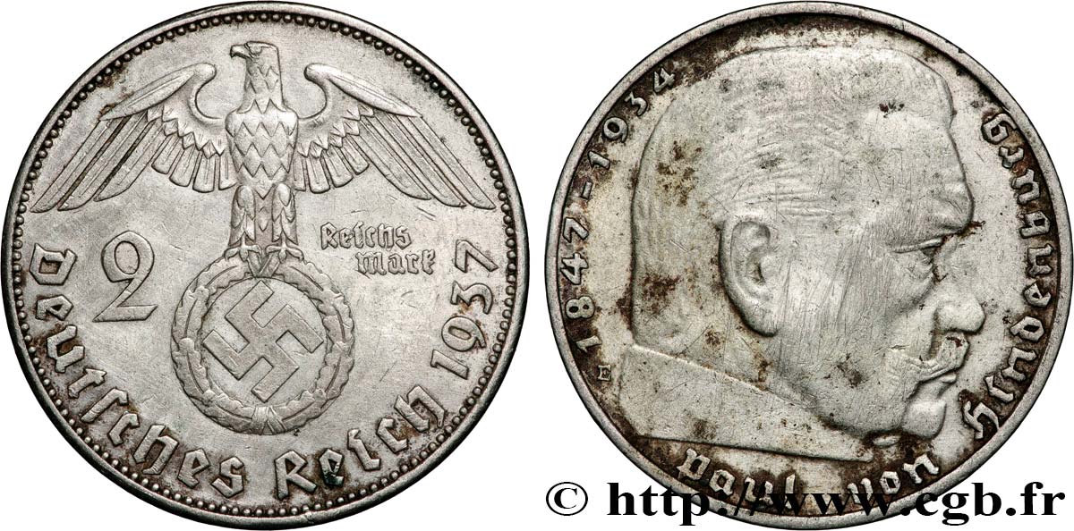 ALLEMAGNE 2 Reichsmark Maréchal Paul von Hindenburg 1937 Muldenhütten - E TTB 