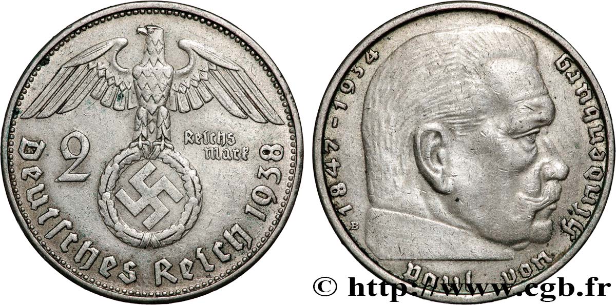 GERMANIA 2 Reichsmark Maréchal Paul von Hindenburg 1938 Vienne BB 