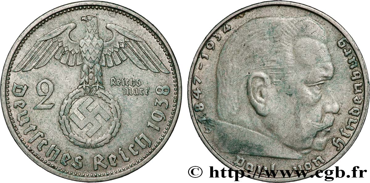 GERMANY 2 Reichsmark Maréchal Paul von Hindenburg 1938 Munich XF 