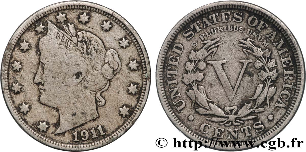 ESTADOS UNIDOS DE AMÉRICA 5 Cents Liberty Nickel 1911 Philadelphie BC+ 