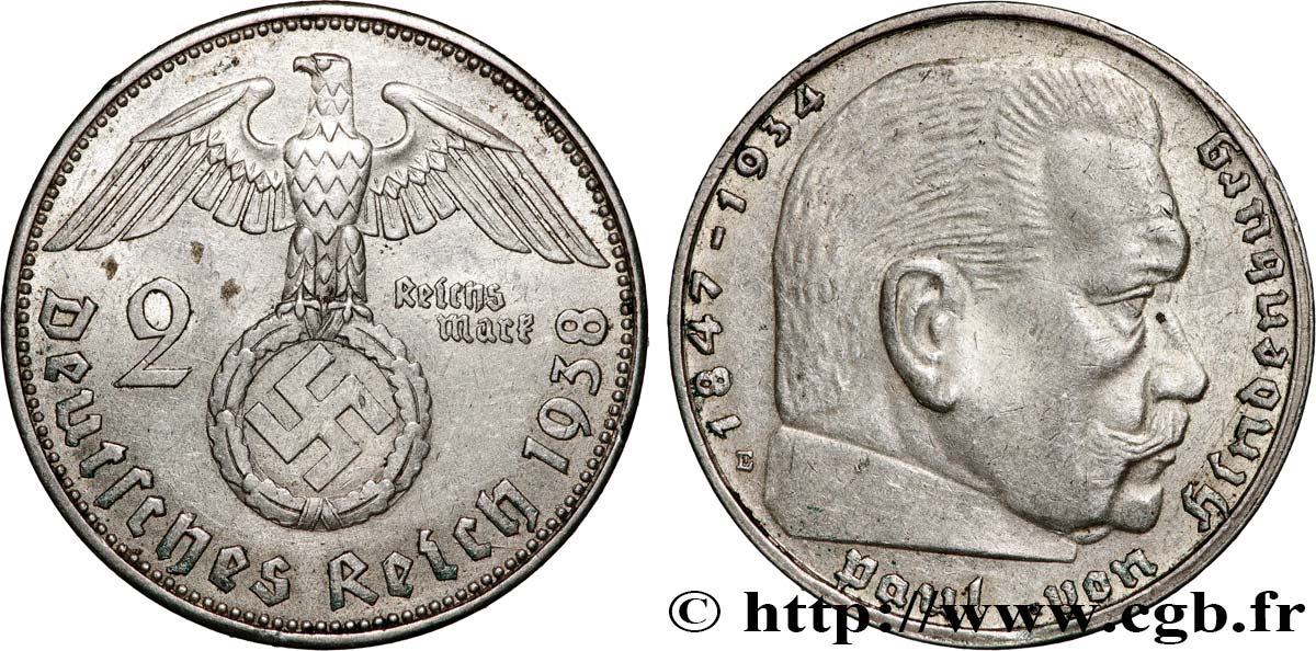 DEUTSCHLAND 2 Reichsmark Maréchal Paul von Hindenburg 1938 Muldenhütten - E fVZ 