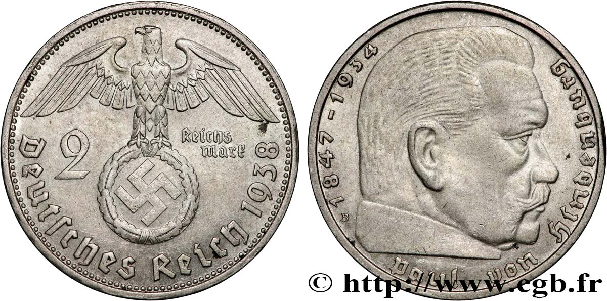 GERMANY 2 Reichsmark Maréchal Paul von Hindenburg 1938 Vienne AU 