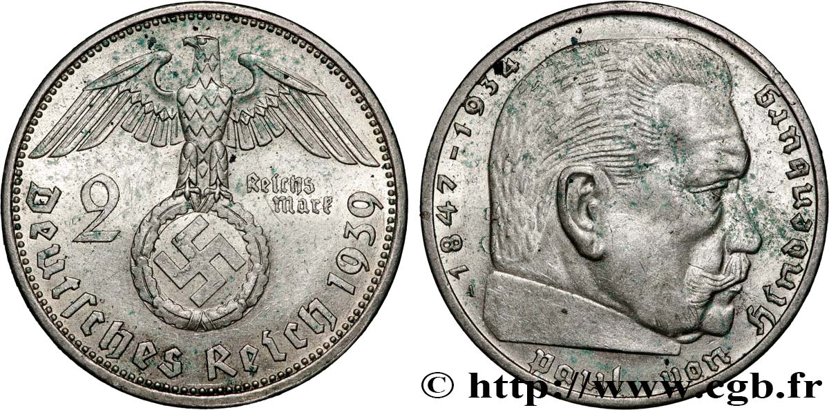 GERMANIA 2 Reichsmark Maréchal Paul von Hindenburg 1939 Berlin BB 
