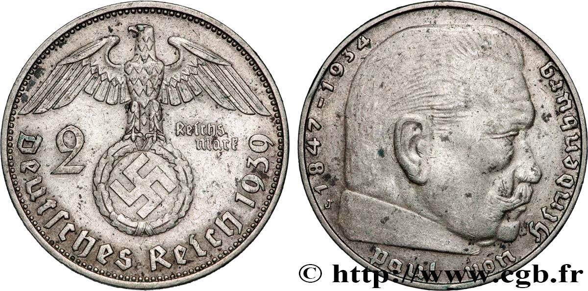 ALLEMAGNE 2 Reichsmark Maréchal Paul von Hindenburg 1939 Hambourg TTB 