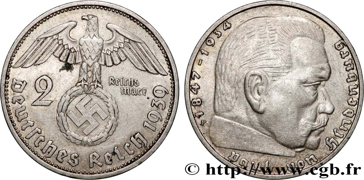 GERMANY 2 Reichsmark Maréchal Paul von Hindenburg 1939 Stuttgart - F AU 