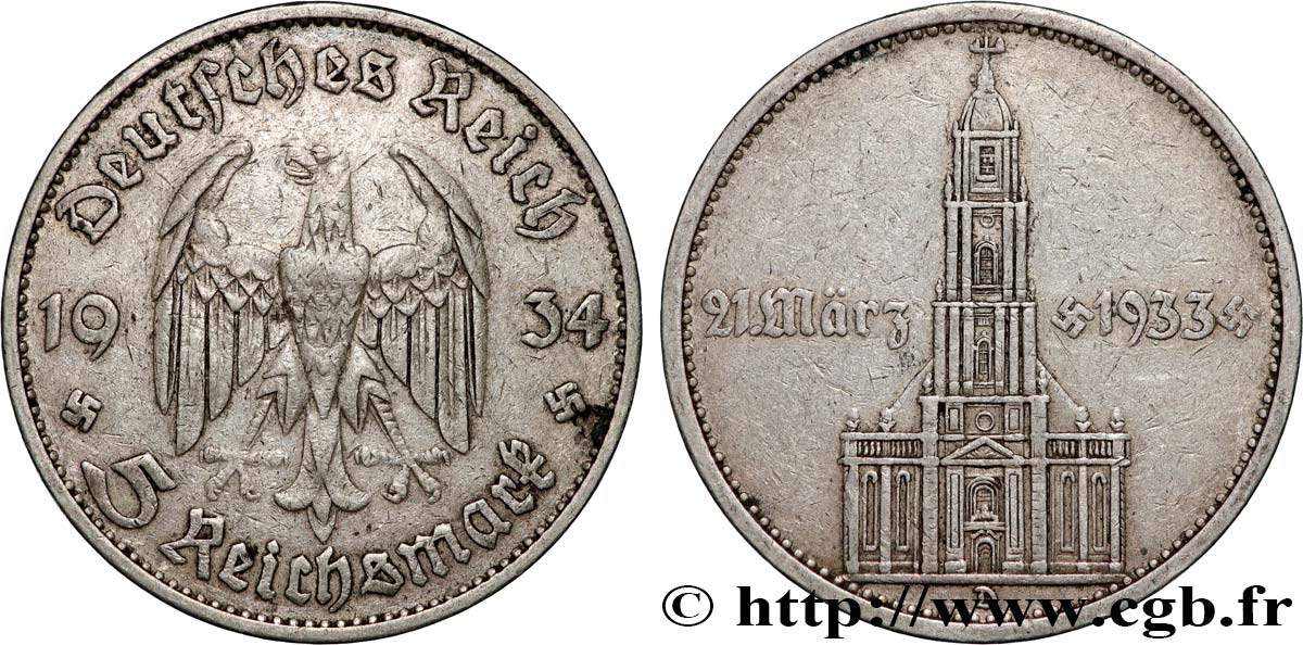 ALEMANIA 5 Reichsmark église de la garnison de Potsdam 1934 Munich MBC 
